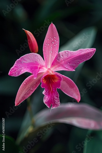 
Exotic pink orchid in dew drops on a blurred background. Tropical flower, macro photography, botanical art. Vertical image orientation