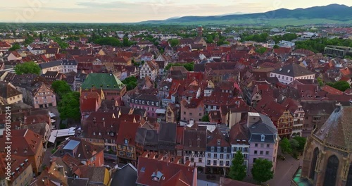 Aerial view of picturesque historic town of Colmar in the Alsace region of France