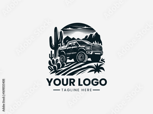 Vintage pickup truck off road adventure vector logo with desert cactus landscape