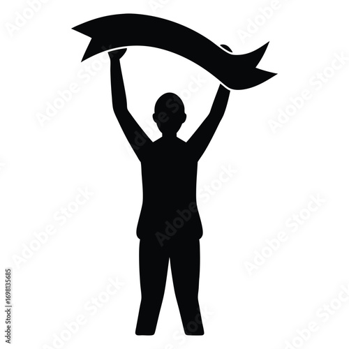 Silhouette of person holding up a banner symbolizing victory achievement celebration illustration