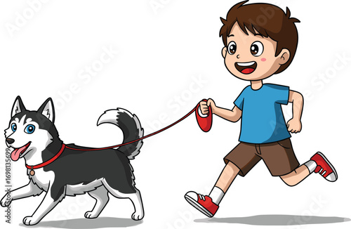 Happy boy running with dog, cartoon child walking husky pet, playful kid outdoor activity, cute puppy character illustration for stock