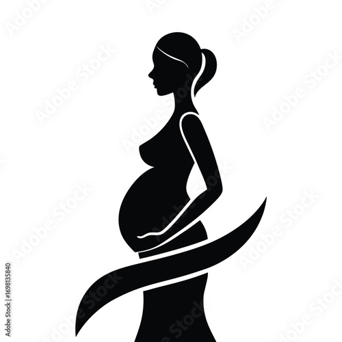 Elegant silhouette of pregnant woman with flowing ribbon symbolizing new life and motherhood illustration