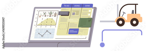 Laptop screen displaying charts, task board, and workflow management tools with forklift nearby. Ideal for productivity, logistics, planning, data, teamwork organization supply chain. Simple flat