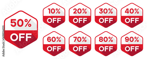 Red Discount Sale Badge Set with Percentage Off Labels for Promotions