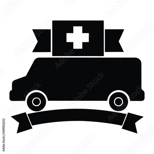 Ambulance vehicle silhouette with medical cross and ribbon emblem for healthcare and emergency services illustration