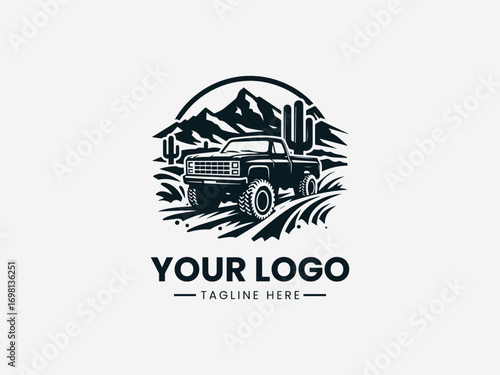 Vintage pickup truck off road adventure vector logo with desert cactus landscape