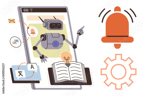 AI robot interacting with mobile app, delivering notifications, translating languages, and enabling learning. Ideal for automation, AI, education, productivity, language technology innovation