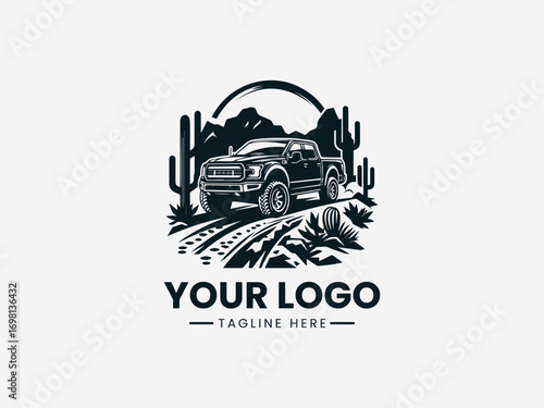 Vintage pickup truck off road adventure vector logo with desert cactus landscape