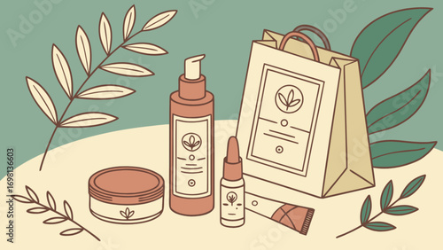 Organic skincare products set with cream bottle and leaves for natural beauty routine