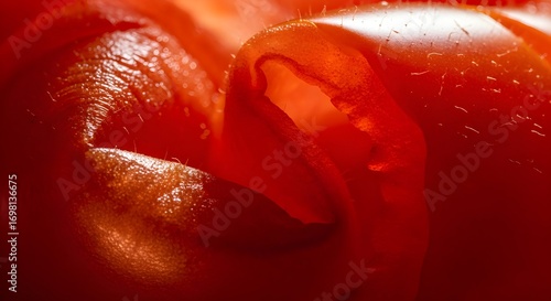 Vibrant macro view of juicy red tomato skin, showcasing texture and freshness for healthy eating