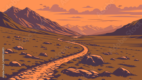 Explore scenic mountain landscape illustration with winding path and orange sunset view
