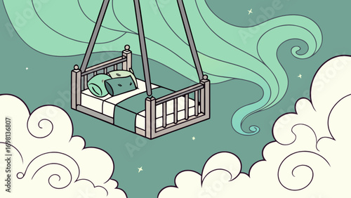 Dreamy hanging bed in the sky illustration for sleep and relaxation concept art design