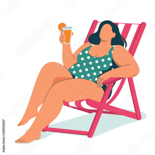 Woman Relaxing in a Deck Chair with a Drink and Orange Slice beach chair lounge chair