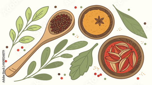 Illustration of spices and herbs for cooking culinary ingredients and seasonings art