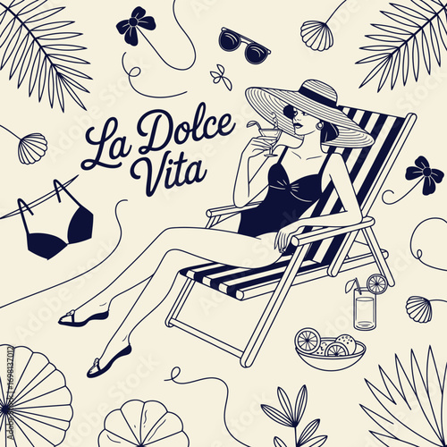 Woman relaxing in deck chair with La Dolce Vita text and tropical leaves Keywords: woman, deck