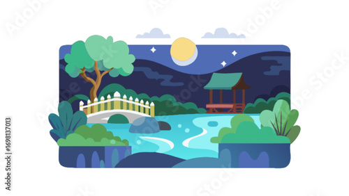Vector illustration of a serene night landscape with bridge and gazebo in nature scene