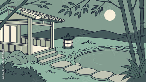 Japanese garden landscape with pagoda lantern bamboo and pond at night illustration