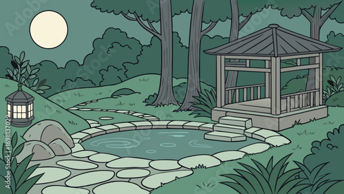 Nighttime japanese garden with pond and gazebo under moonlight serene landscape view