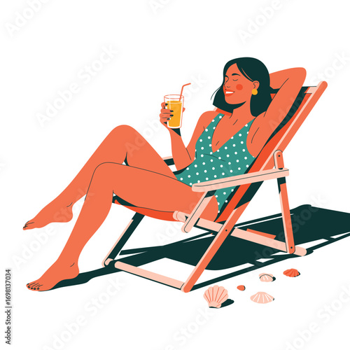 Woman relaxing on a beach chair with a drink and seashells deck chair