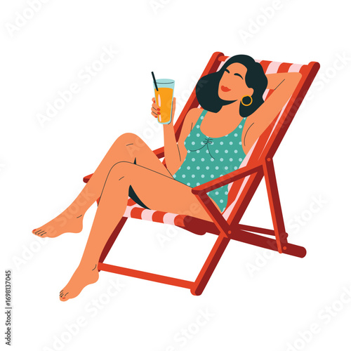 Woman Relaxing On A Deck Chair With A Drink In Her Hand Keywords: woman, relaxing, deck chair