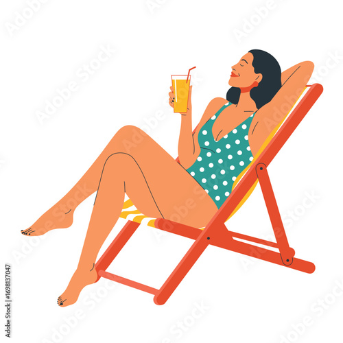 Woman relaxing on a deck chair with a drink on a white background lounge chair