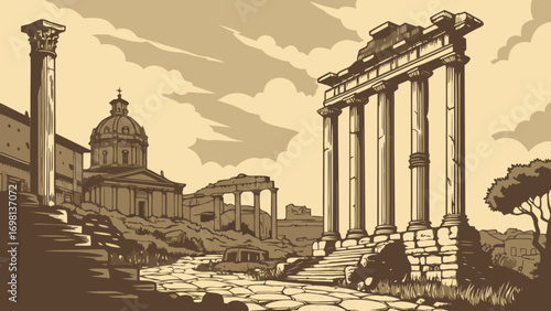 Illustration of roman forum ruins ancient architecture historical landmark travel scene
