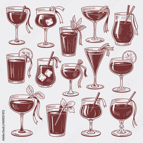 Hand Drawn Assortment Of Elegant Cocktail Glasses With Ribbons drinks
