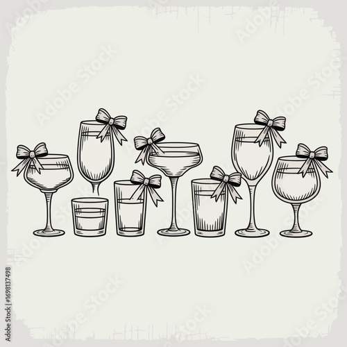 Hand Drawn Assortment of Festive Cocktail Glasses with Bows Keywords: cocktail glasses, wine