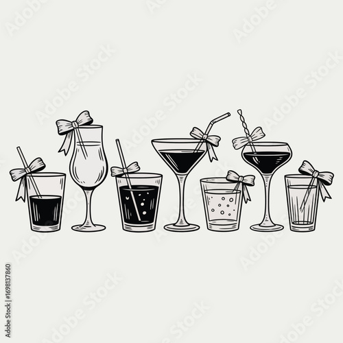 Hand Drawn Collection of Six Cocktail Glasses with Ribbons Keywords: cocktail, drinks, glasses