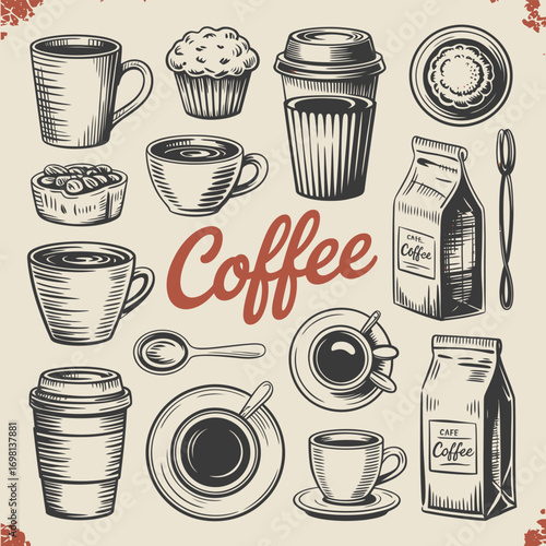 Hand Drawn Coffee Shop Elements With Cups Bags And Pastries Keywords: coffee, hand drawn