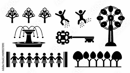 Illustration featuring trees fountain jumping figures key holding hands and a ferris wheel in black and white | editable eps vectors silhouette