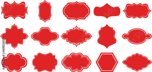 Collection of ornate red decorative labels and frames on a white background