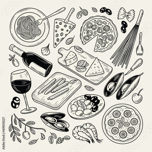 Hand drawn sketch of Italian food and ingredients with wine Keywords: Italian food, pasta, pizza