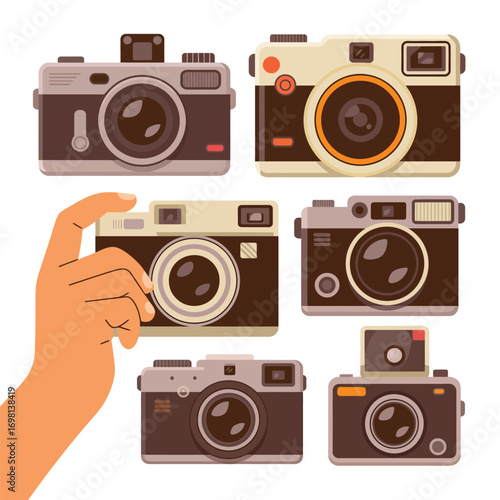 Hand holding a vintage camera surrounded by other retro cameras Keywords: hand, holding, camera