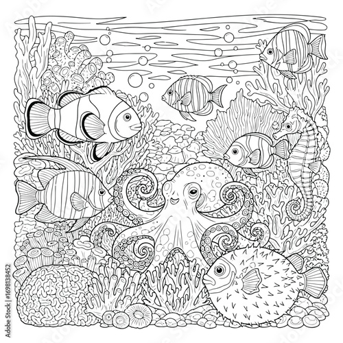 Underwater Kingdom Coloring Page Whimsical Sea Creatures and Coral Reefs