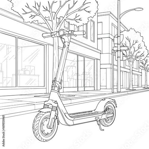 Urban Commute Electric Scooter on City Street - Line Art