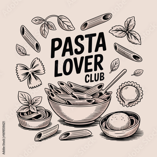 Hand-drawn illustration of pasta dishes and ingredients with text Pasta Lover Club Keywords