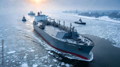 Lng tanker navigating icy waters with tugboats at sunset