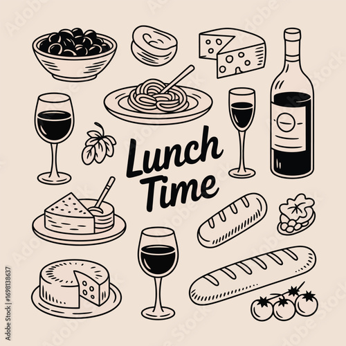 Hand-drawn illustration of Italian food and wine with the words Lunch Time cheese