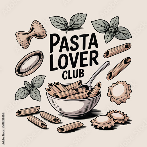 Hand-drawn illustration of pasta dishes and ingredients with text Pasta Lover Club