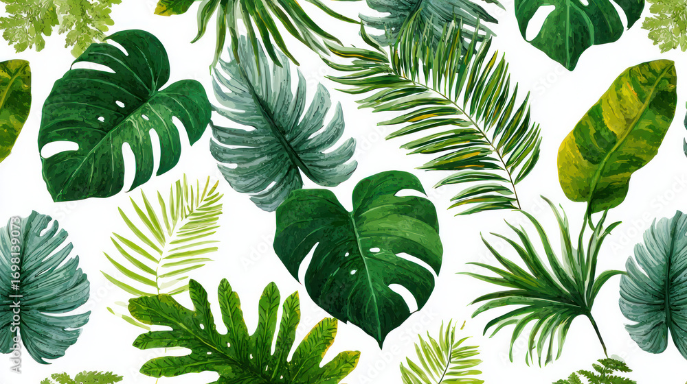 Fototapeta premium tropical plants and palm tree drawings on a white backdrop with a smooth pattern of exotic leaves. It has rich, green foliage that is perfect for summertime apparel, textiles, and décor. Not artificia