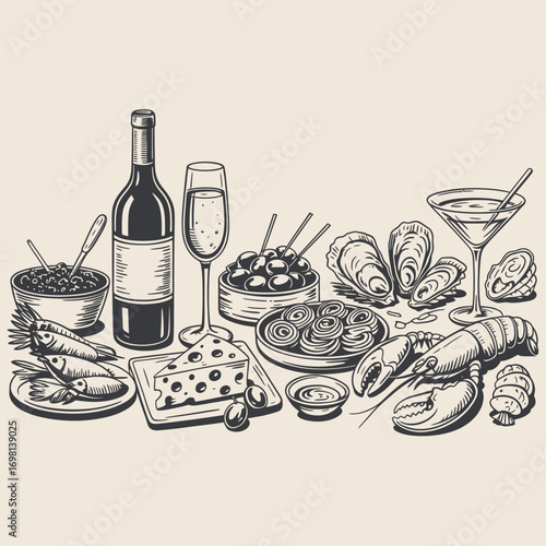 Hand-drawn sketch of a seafood feast with wine and appetizers Keywords: seafood, feast, food
