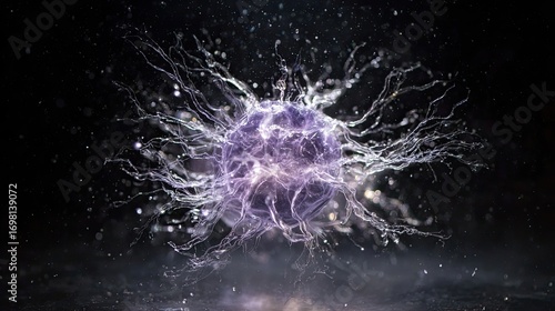 Abstract glowing neural cell with electric branches, futuristic biological structure symbolizing neuroscience, artificial intelligence and energy flow