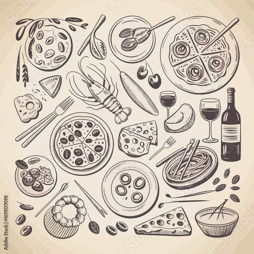 Hand-drawn sketch of Italian food and wine on a vintage background Keywords: Italian food