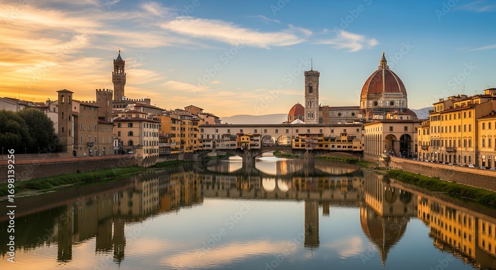 Fototapeta premium Florence Cityscape with Historic Buildings and River at Sunset