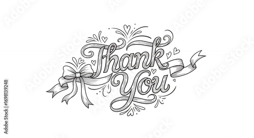 Elegant Hand-Drawn Thank You Message with Ribbon and Heart Decorations