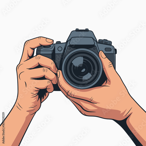 Hands holding a digital camera with a large lens and buttons photography