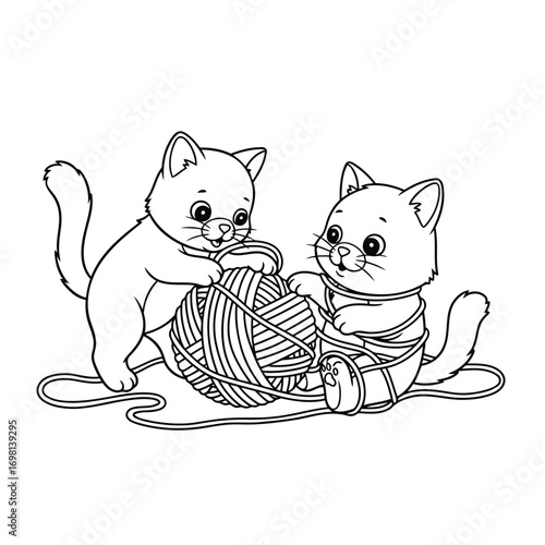 Cute Kittens Playing with a Ball of Yarn Illustration