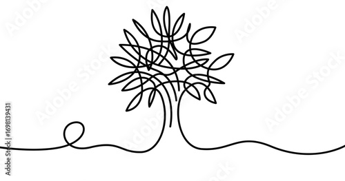 Summer tree, continious line drawing. Wood outline. Vector illustration