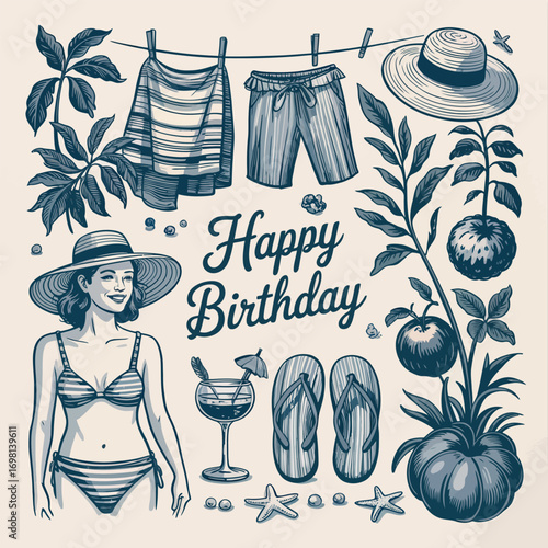 Happy Birthday message with beach attire and woman in bikini greeting summer